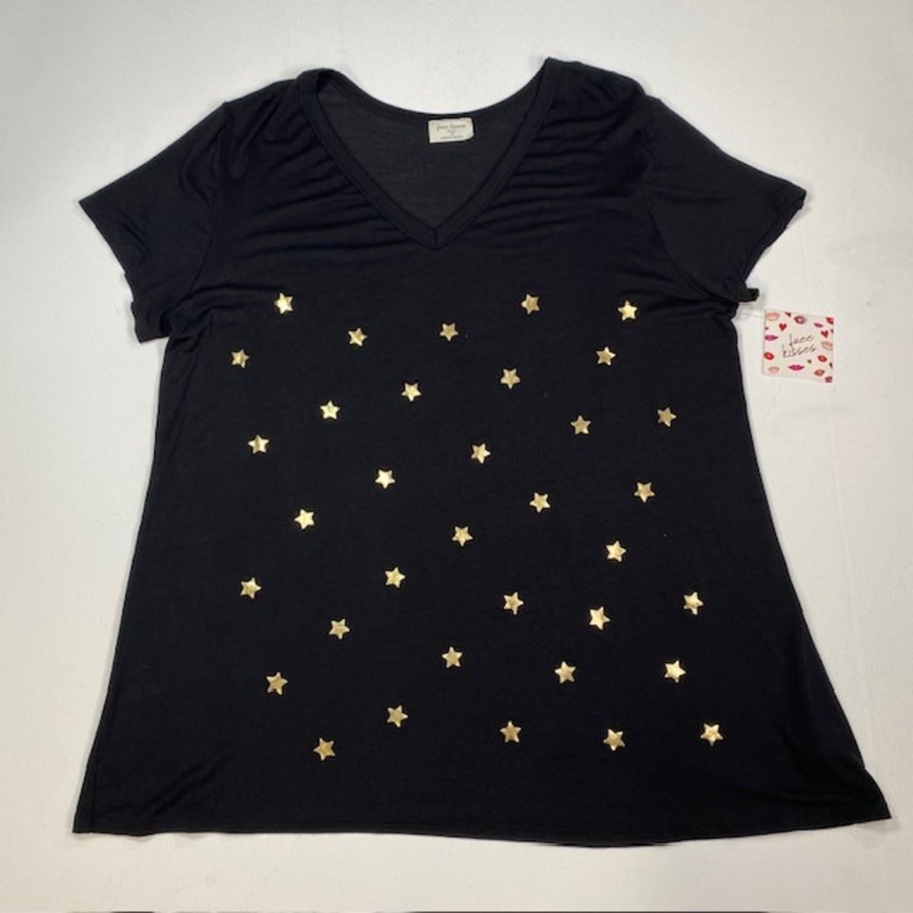 Free Kisses Plus 1X Black V-Neck Short Sleeve Gold Foil Star Print T-Shirt NEW